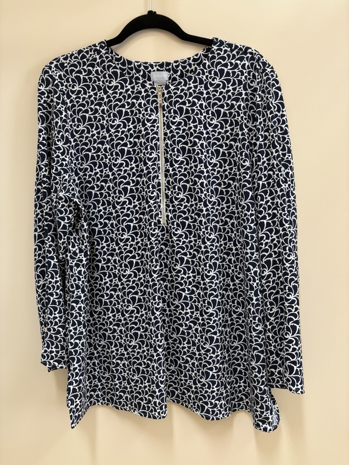 Chico\'s Navy Blue & White Print Zip Neck Long Sleeve Top Polyester Spandex 3