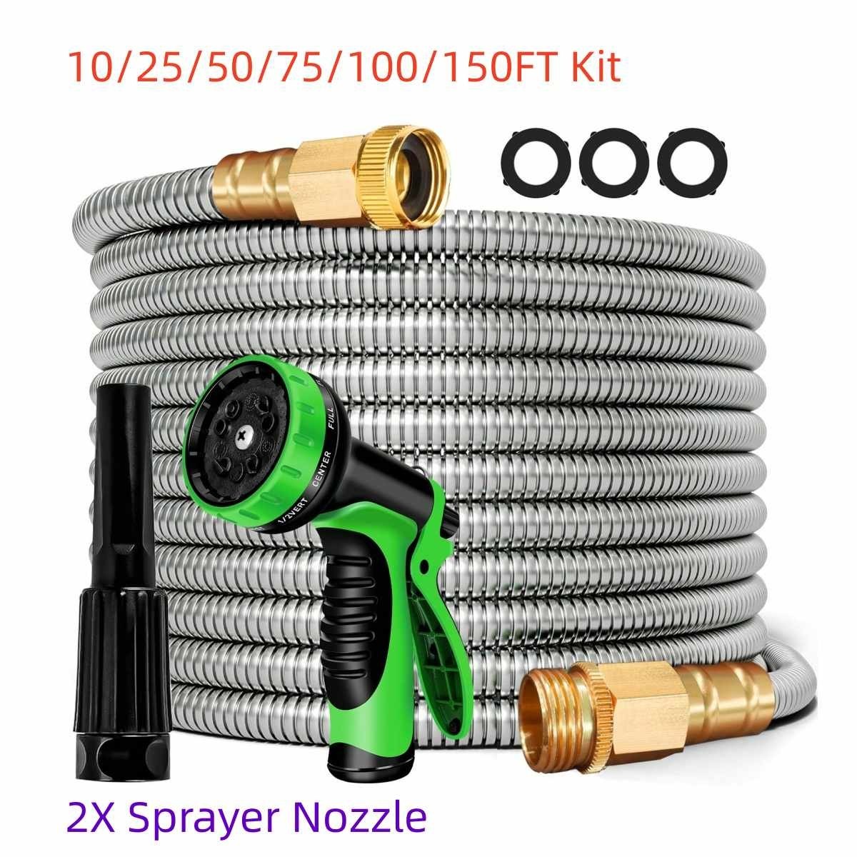 10/25/50/75/100/150FT Stainless Steel Flexible Garden Water Hose 2X Sprayer Gun