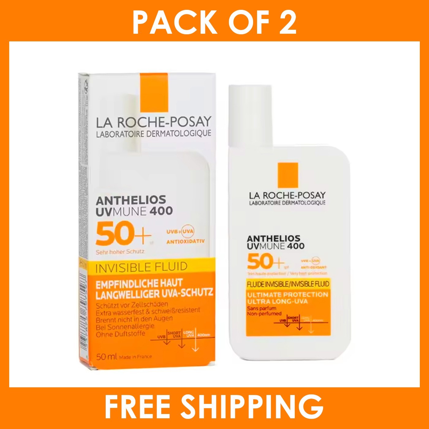 La Roche-Posay ANTHELIOS UVmune 400 Invisible 50ml Fluid SPF50 - Pack of 2