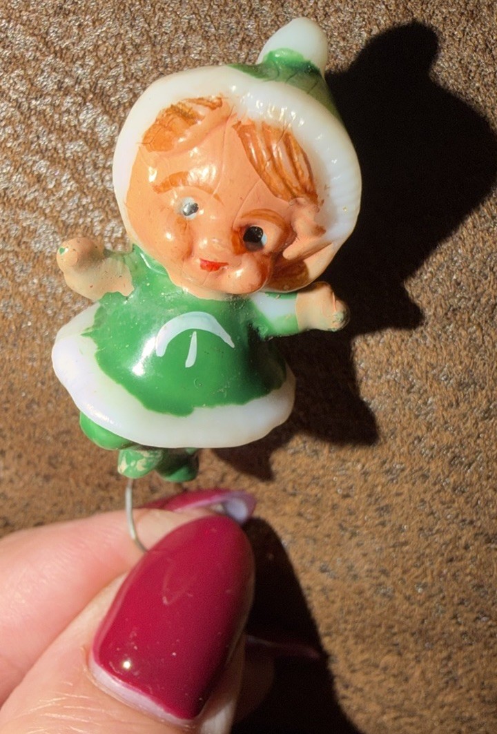 Vintage Hand Painted Plastic Elf Christmas Figurine Wire Stem Pick 12 in