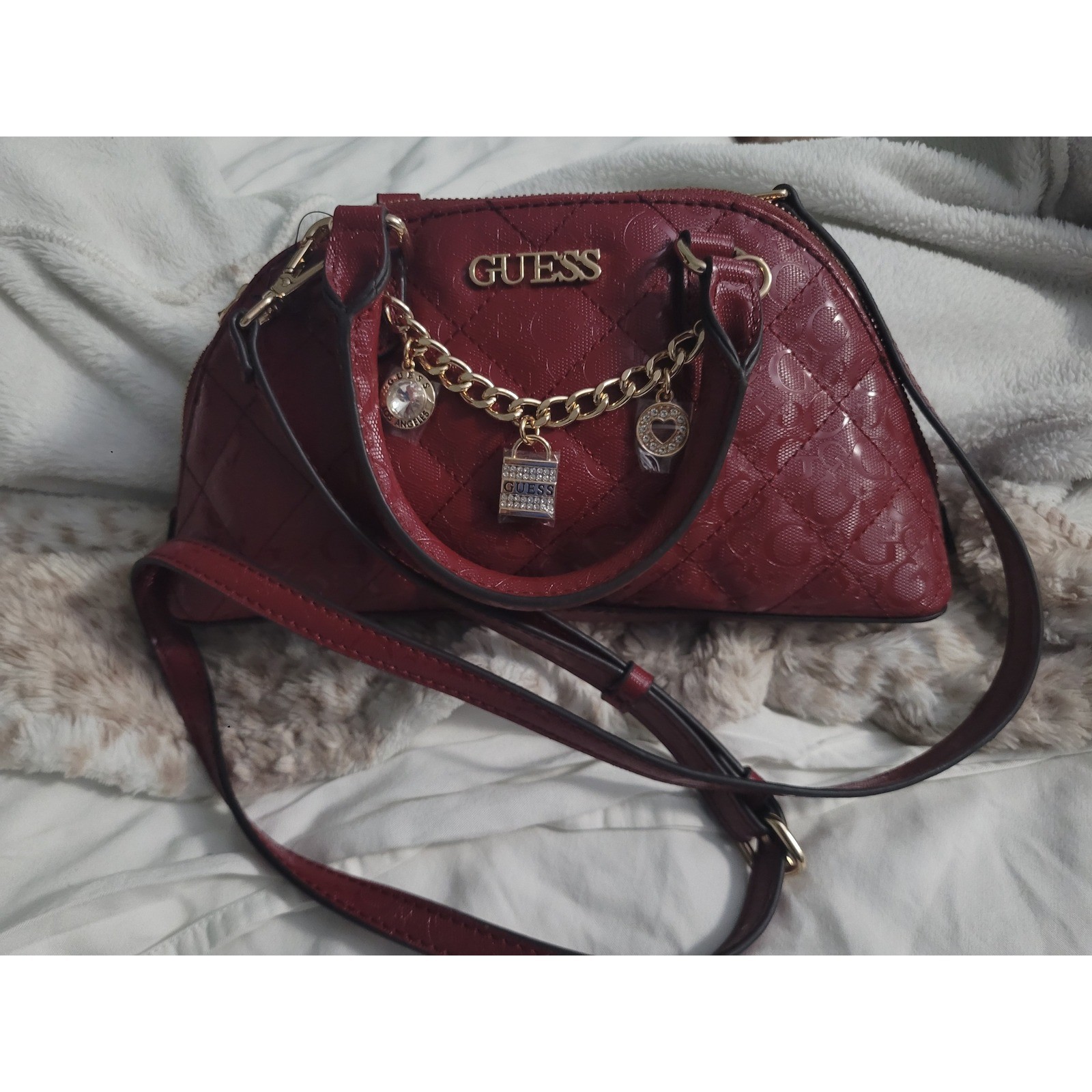 Guess Burgundy Red Quilted Patent Logo Dome Satchel Crossbody Bag Gold Charms