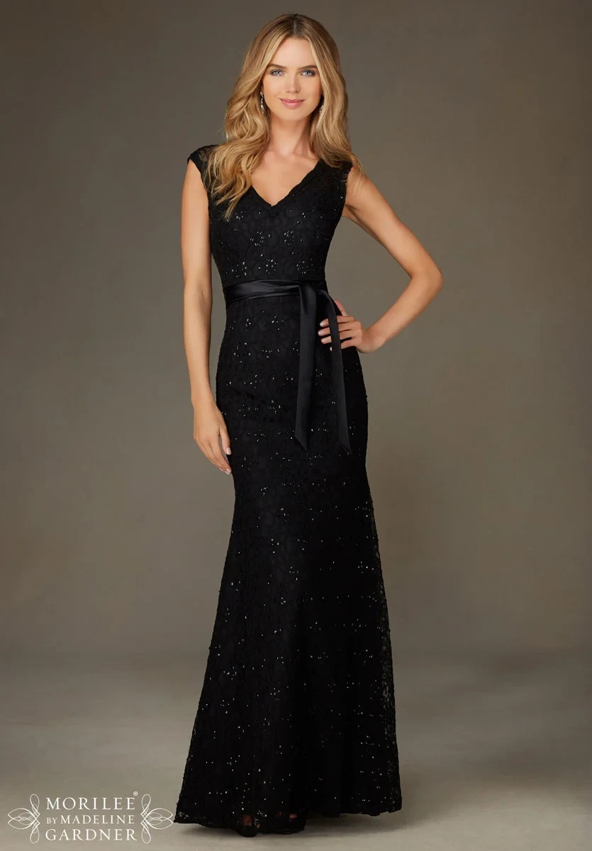 Morilee Madeline Gardner Black Sequin Floral Lace Gown Size 16 $260 *Less Sash*