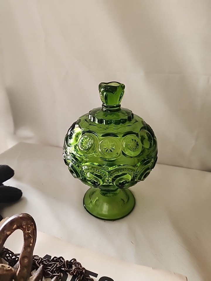 Vintage MCM LE Smith Glass Green Moon And Star Lidded Candy Dish Compote READ