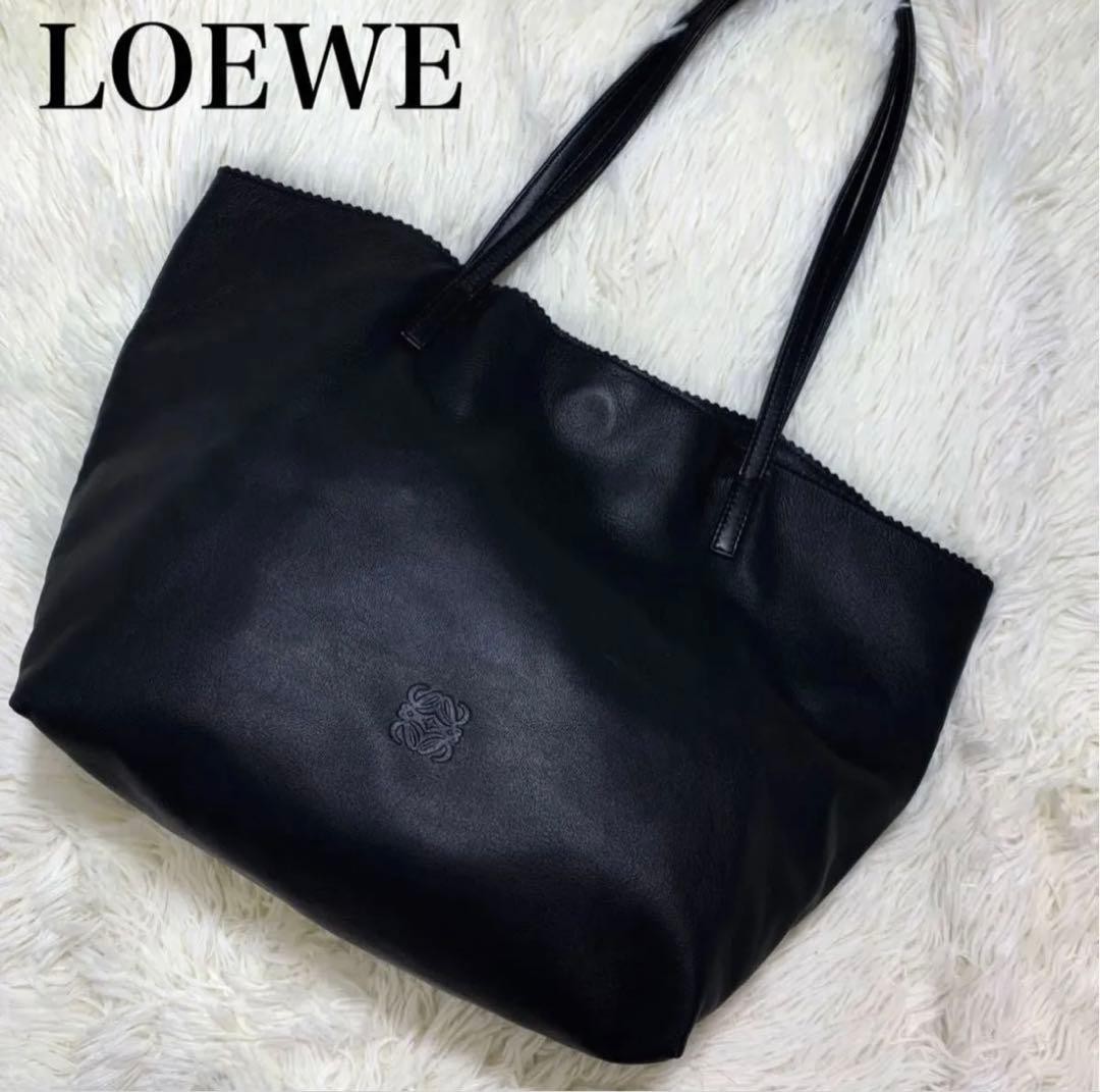 Auth LOEWE Anagram Tote Bag Nappa Leather Black Vintage Shoulder Bag A4