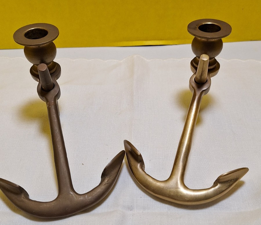 Pair of Vintage Solid Brass Anchor Candle Stick Holders Nauctical Decor 6” X 4”