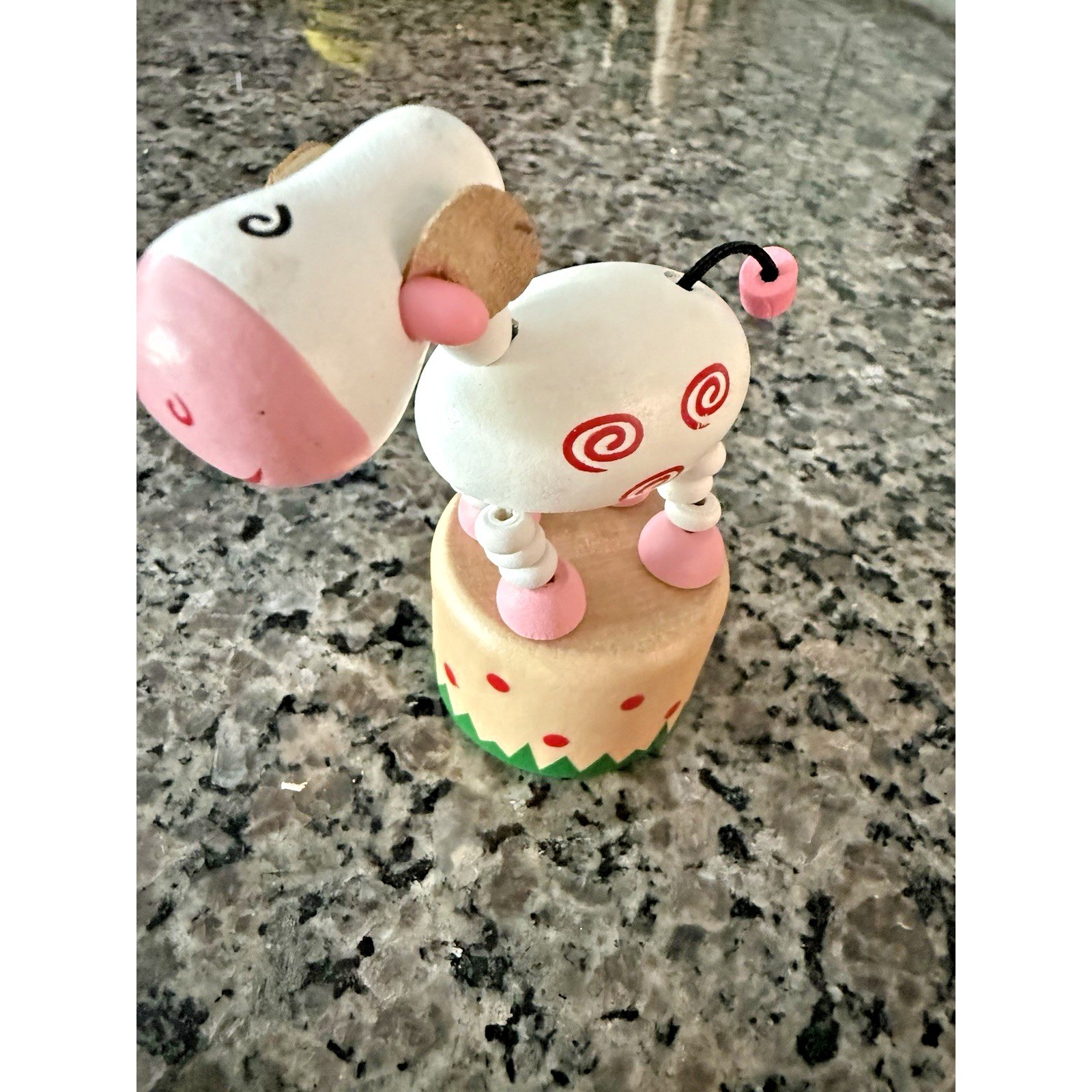 Vintage Wooden Dancing Push Button Puppet Cow Figure Collapsing Wood Cool Artsy