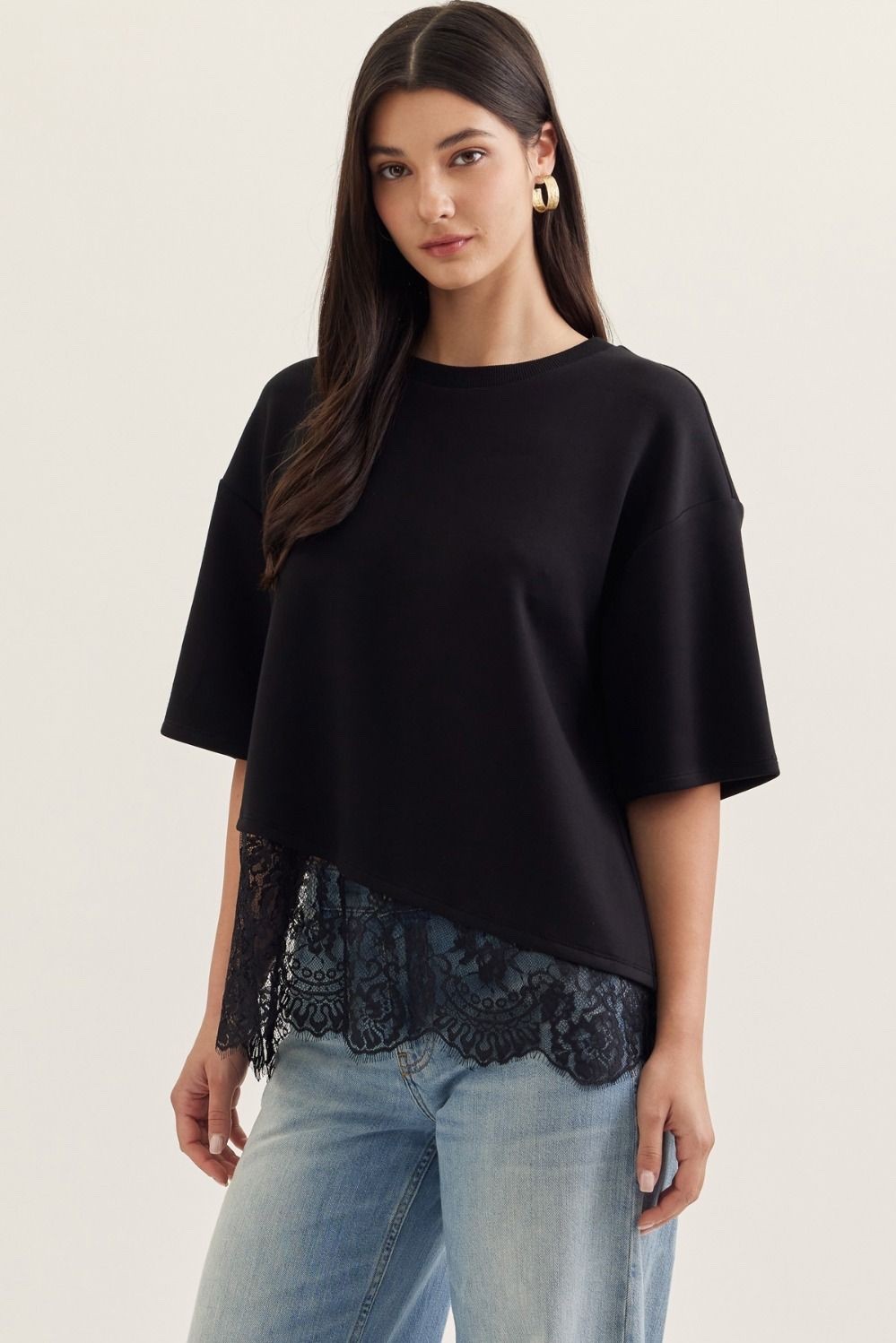 Entro Lace Scallop Hem Short Sleeve Knit Top in Black Entro Lace Scallop Hem Short Sleeve Knit Top in Black