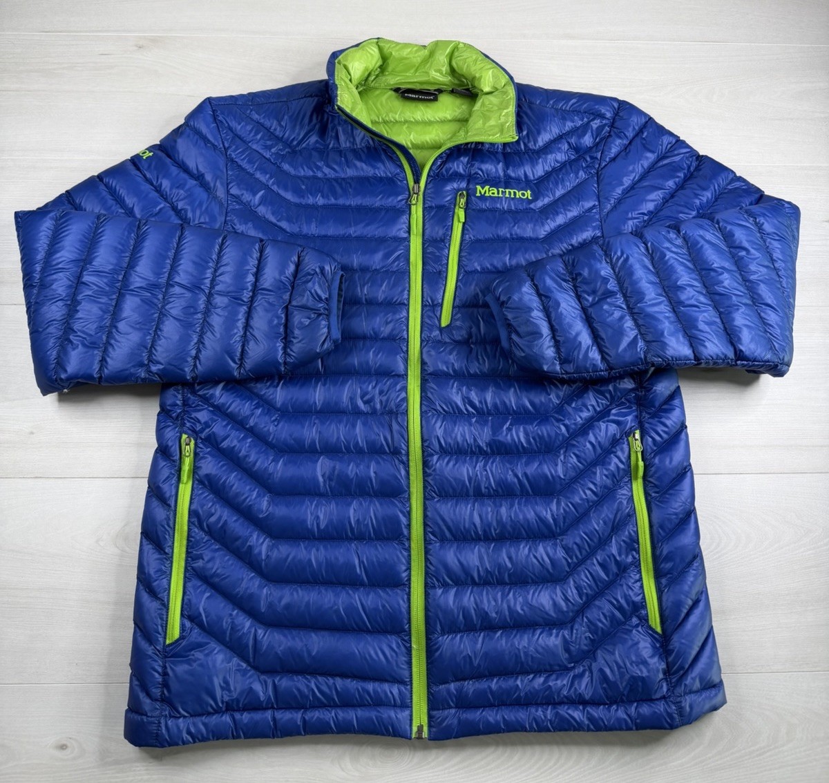 Marmot Quasar Puffer Jacket Blue 900 Fill Goose Down Lightweight Mens L NWOT