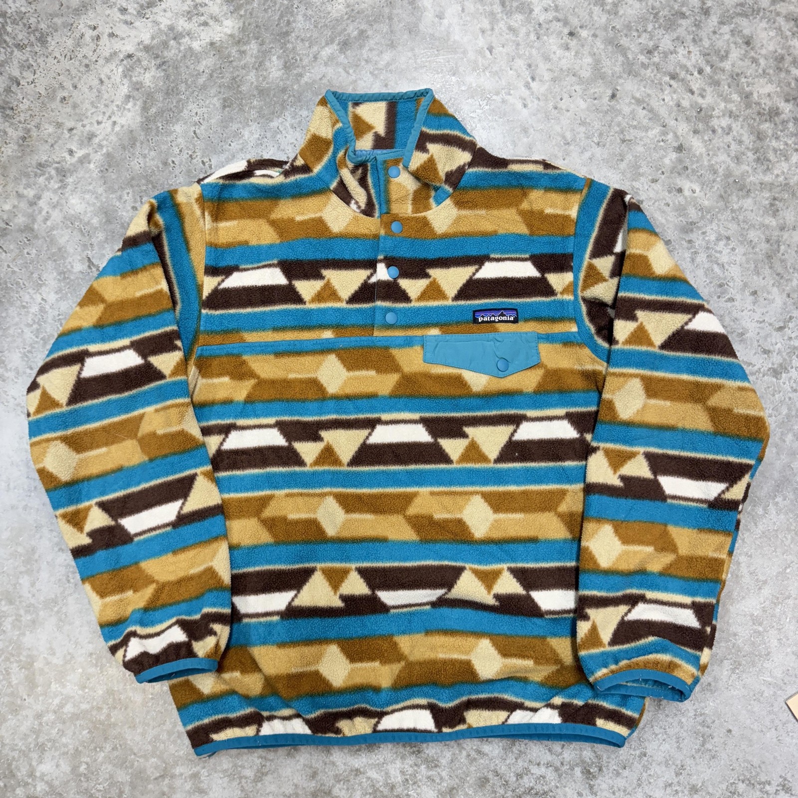 Patagonia Synchilla Womens Medium fleece pullover Brown Blue Geometric aztec