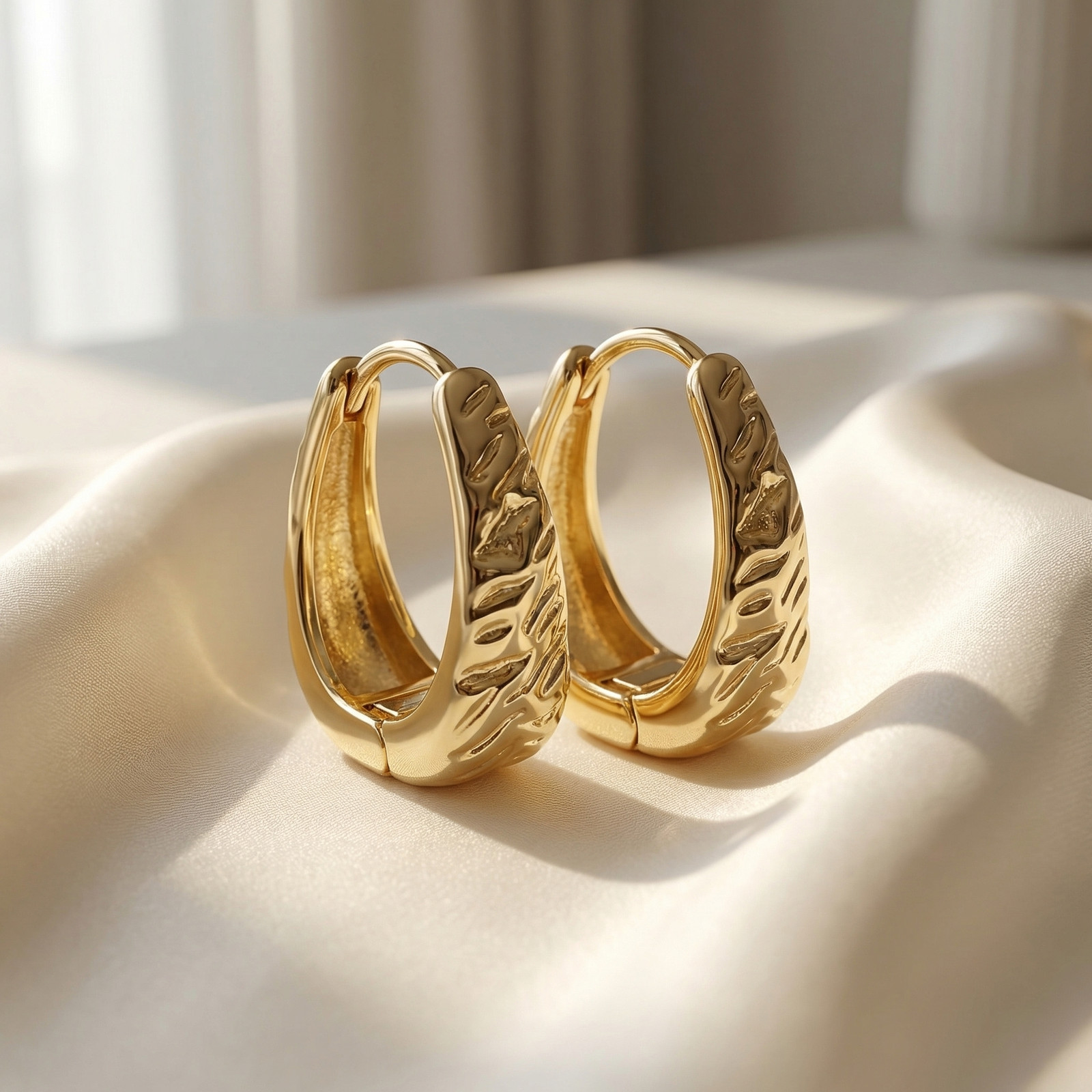 14K Gold Plated Wide Chunky Hinge Hoops, 25mm Ribbed U-Shape, Lightweight 14K Gold Plated Wide Chunky Hinge Hoops, 25mm Ribbed U-Shape, Lightweight