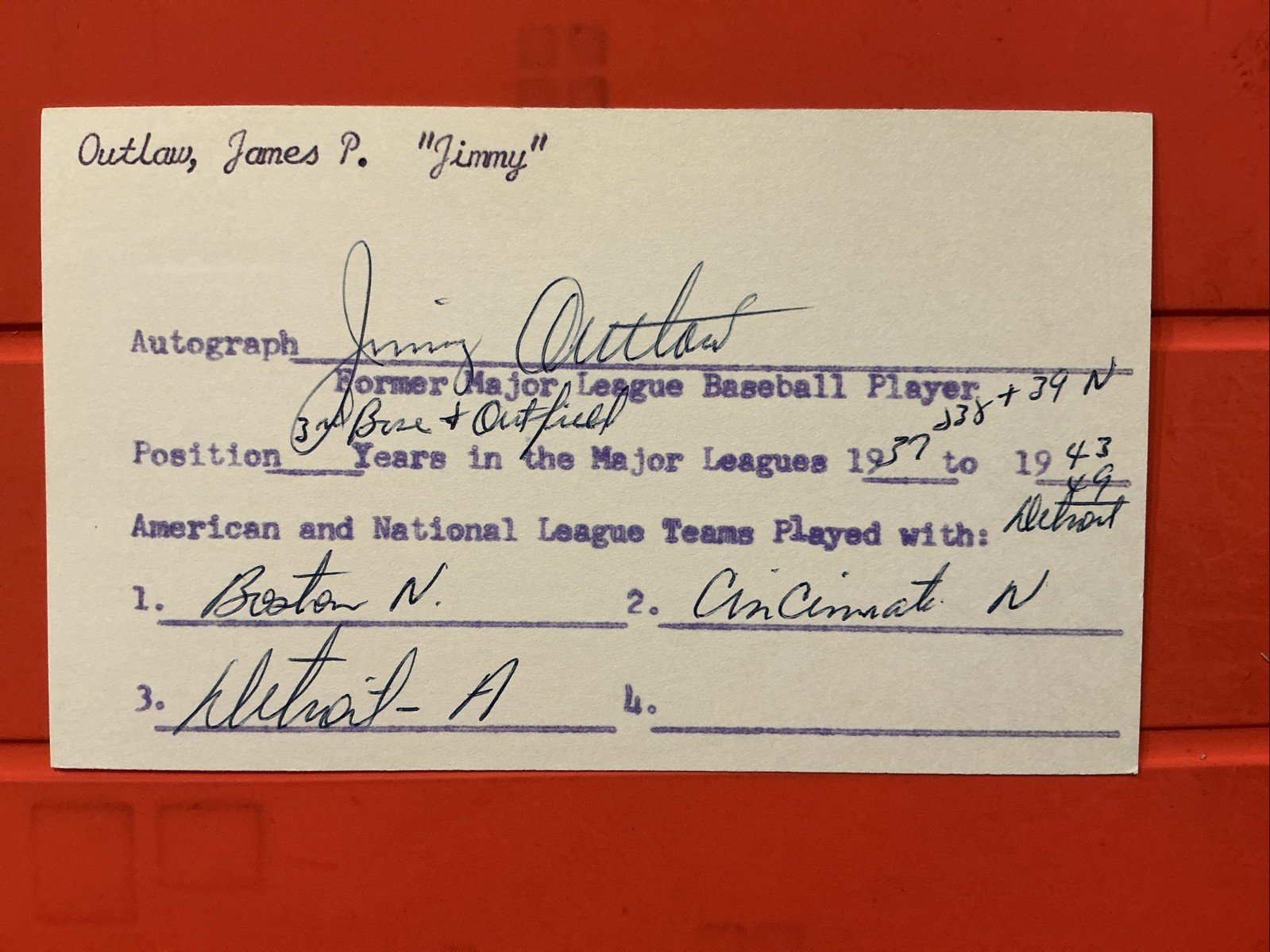 Jimmy Outlaw🔥🔥MLB:  1937 Cincinnati Reds 🔥🔥Autograph🔥🔥🔥