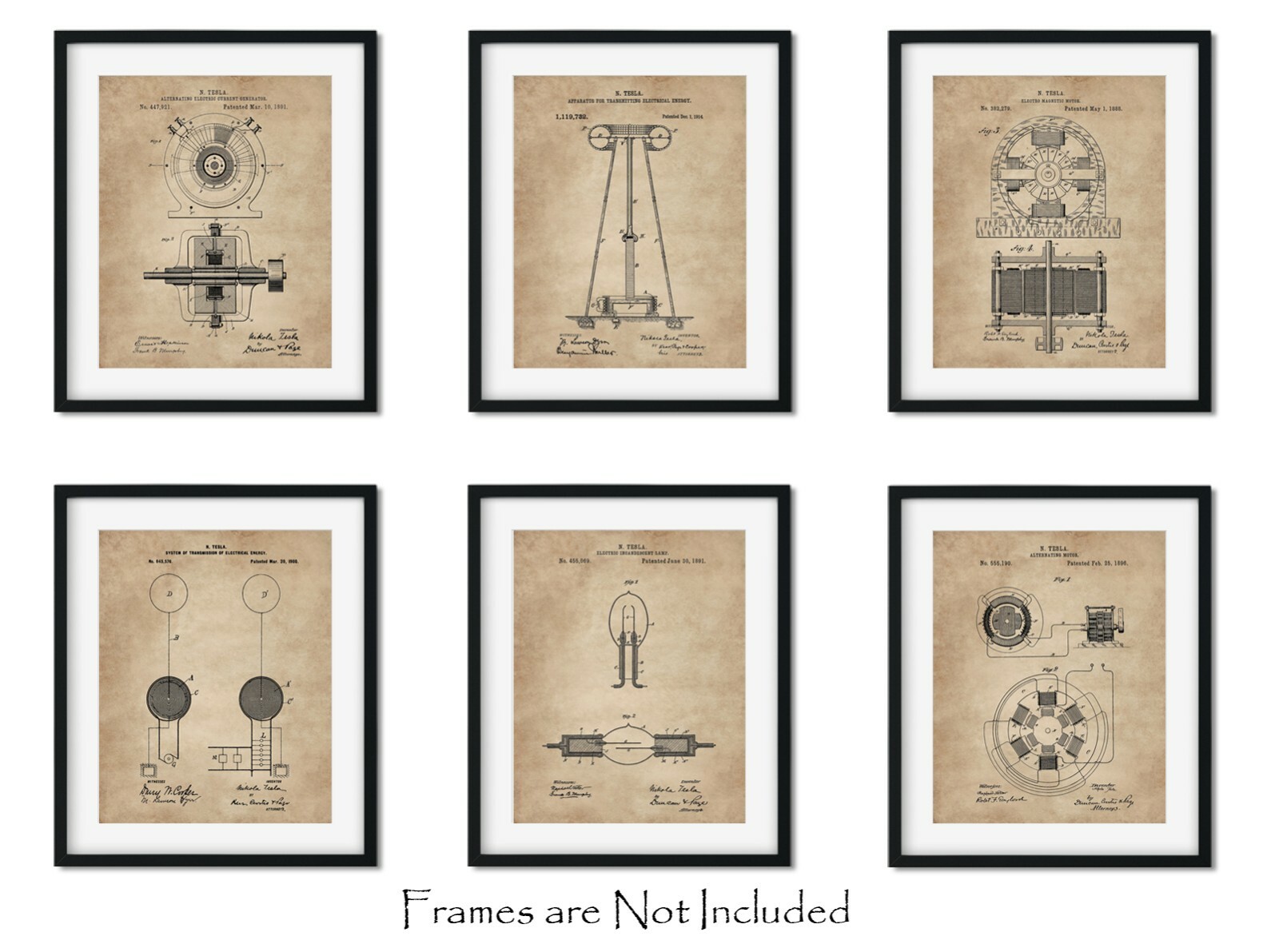 Nikola Tesla Patent Print Set of 6 Vintage Art Prints 8x10 Engineering Gifts