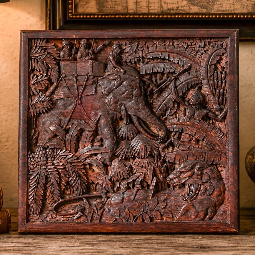  Large Antique Colonial India Carved Wood Plaque Anglo-Indian Elephant Tiger