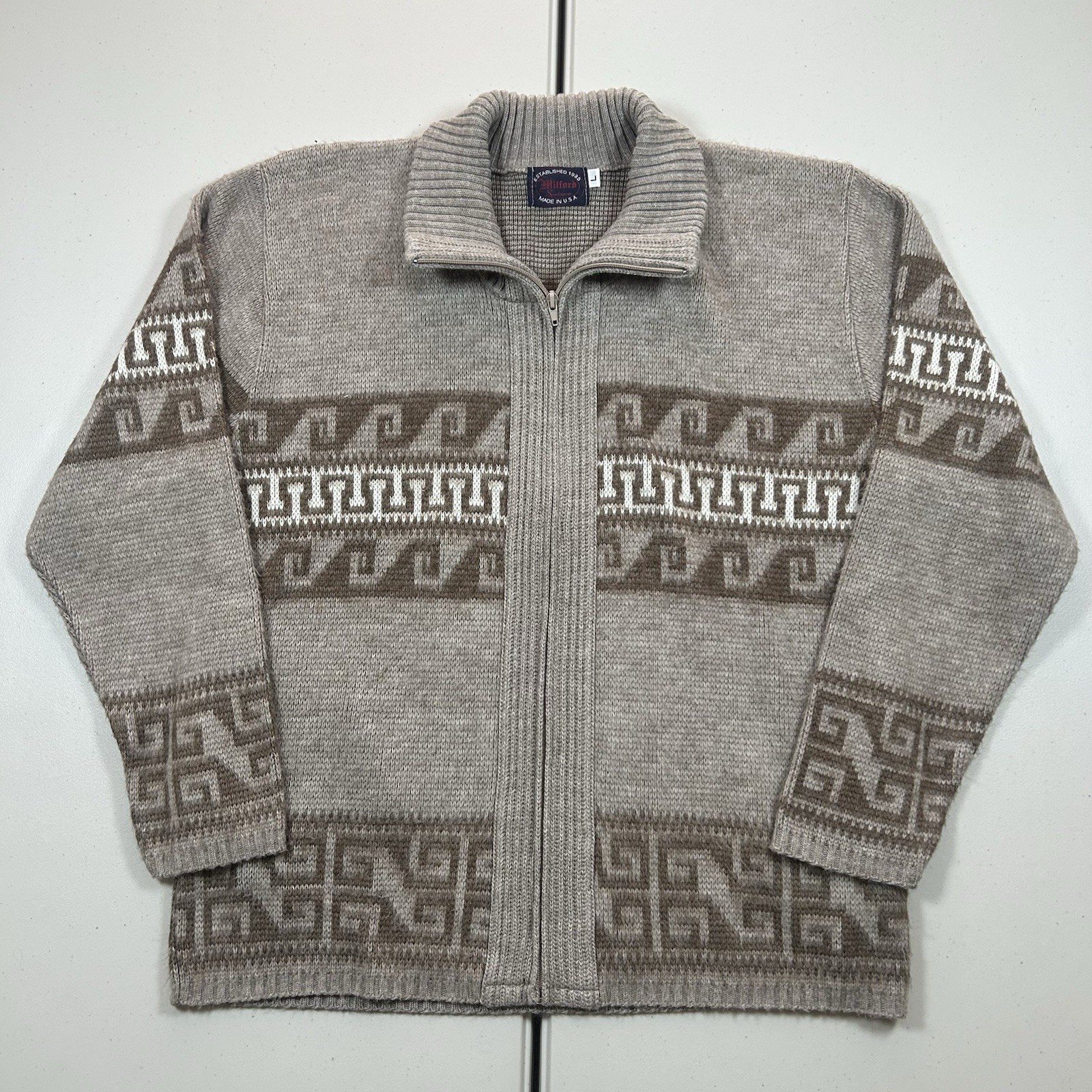 VTG Milford Sportswear Full Zip Cardigan Sweater Men\'s Size Large Abstract 90s