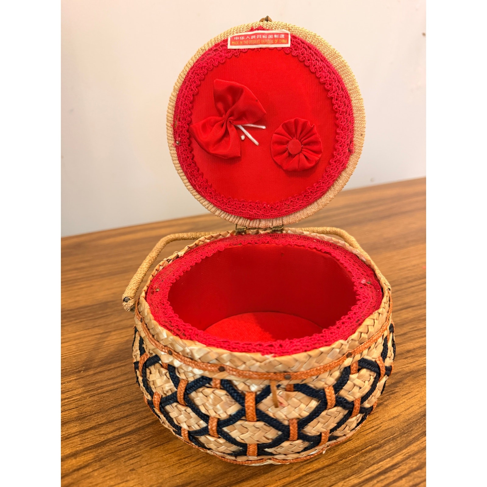 Vintage Chinese Woven Straw Sewing Basket | Red Lined | 1960s–70s