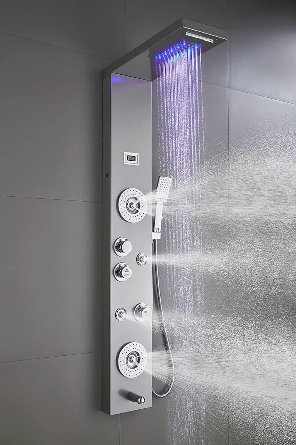 Brushed Nickel - ELLO&ALLO Stainless Steel Shower Panel Tower System,LED