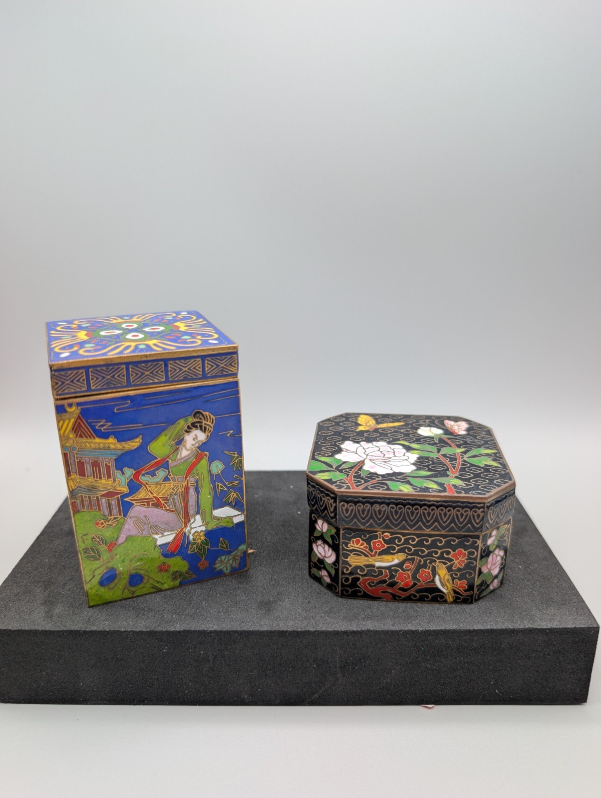 2 Vtg Chinese Cloisonne Enamel Trinket Boxes - Blue Maiden & Black Peony Bird