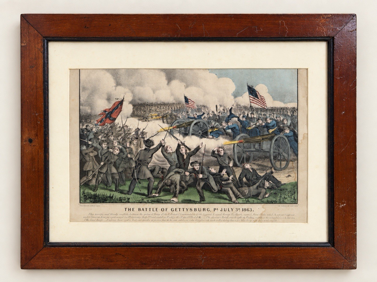Antique Currier & Ives Battle of Gettysburg 1863 Hand Colored Lithograph Framed