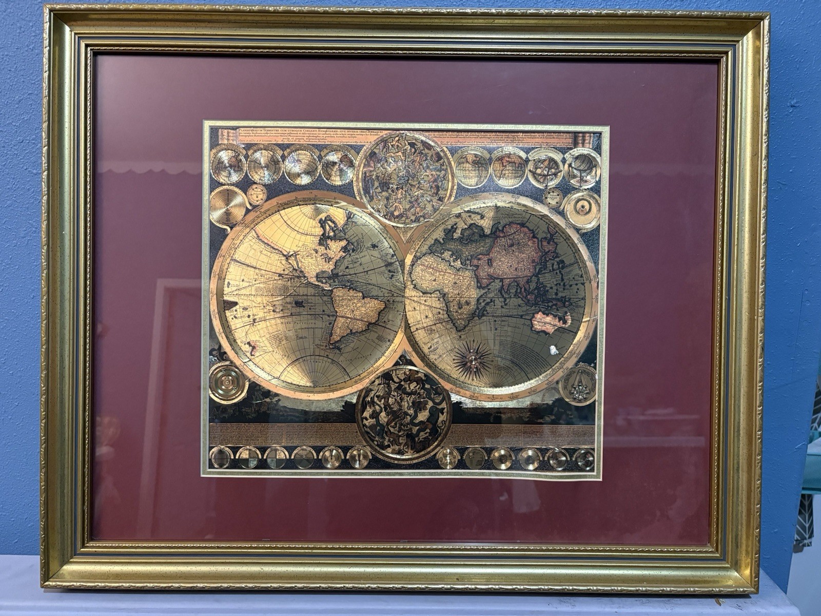 **Vintage Adam Friedrich Zürner Gold Foil World Map - Framed Peter Schenk 1706 R