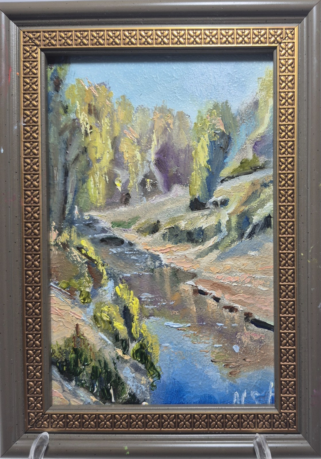 An original oil painting, signed and framed.A landscape with a river.A canal.6х4 An original oil painting, signed and framed.A landscape with a river.A canal.6х4