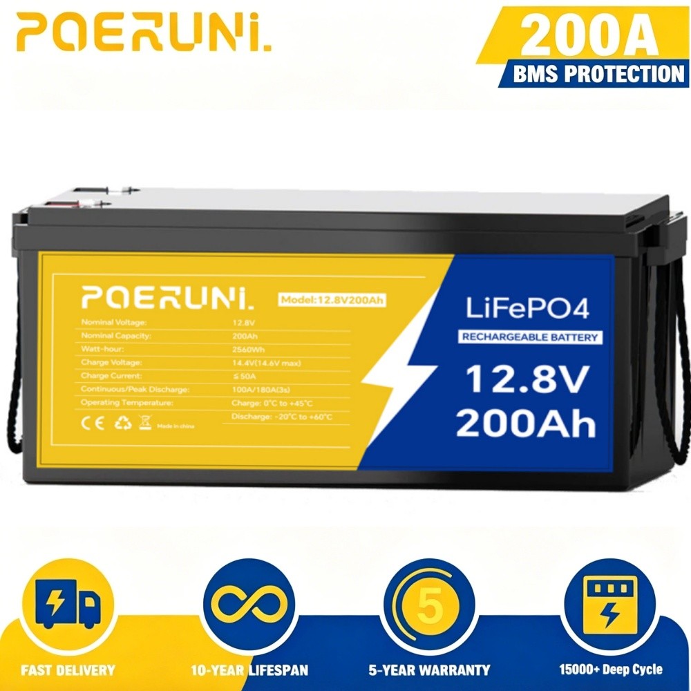 2560Wh 12V 200Ah Lithium LiFePO4 Battery 200A BMS for Solar Off-Grid Camp RV