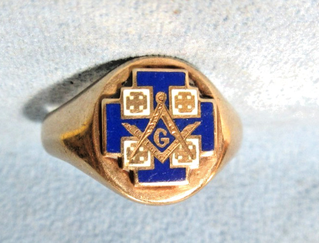 1905 14k Yellow Gold MASONIC Signet Ring with Enameled Crest