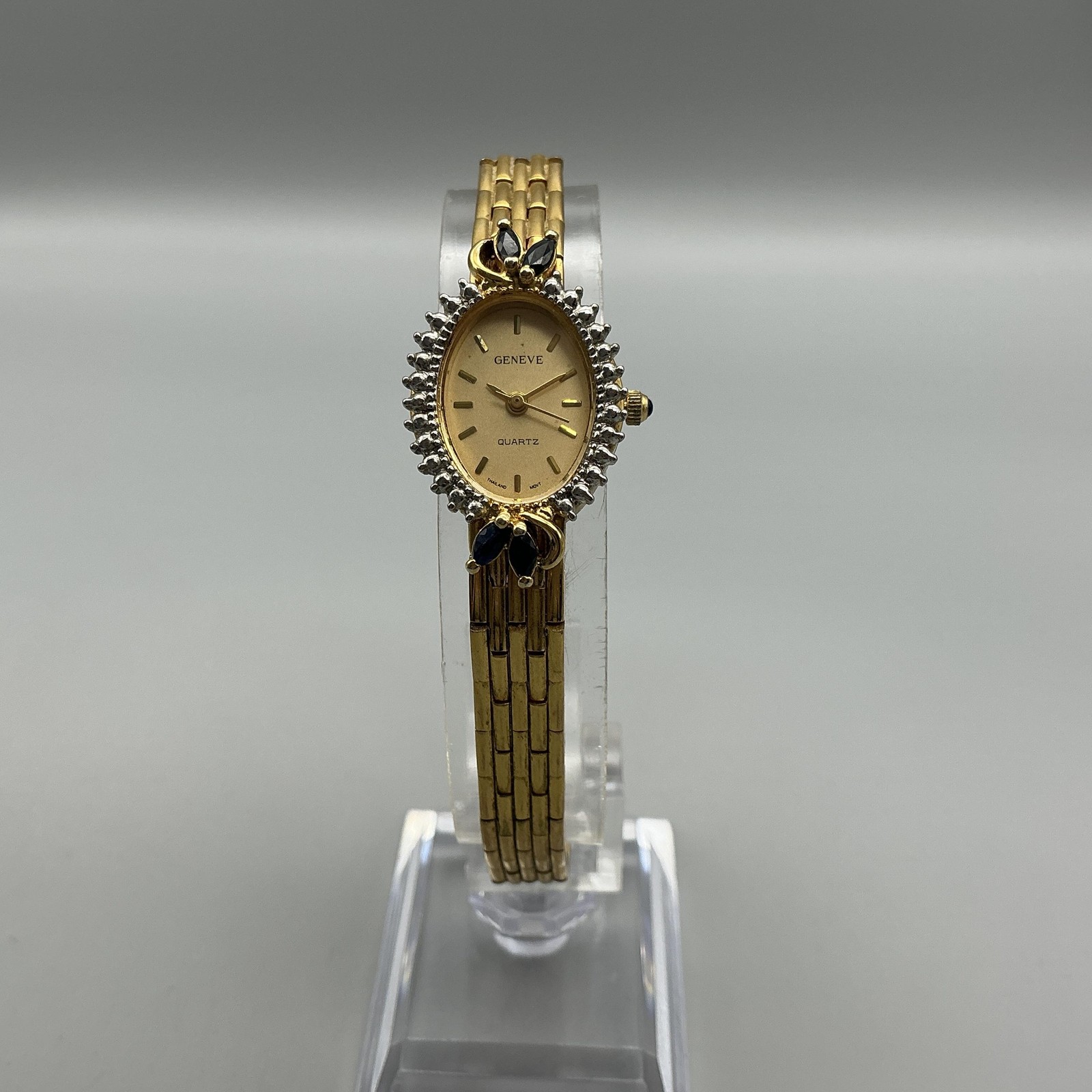 Geneve Diamond Womens Watch 18mm Oval Dial Blue Gem Bezel New Battery 7.5\