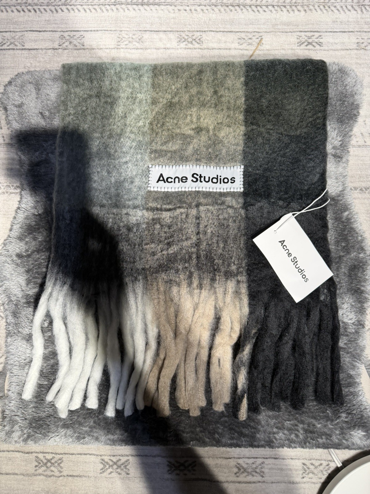 Acne Studios Vally Scarf Checked Plaid Multi Grey Green Large Fringe New
