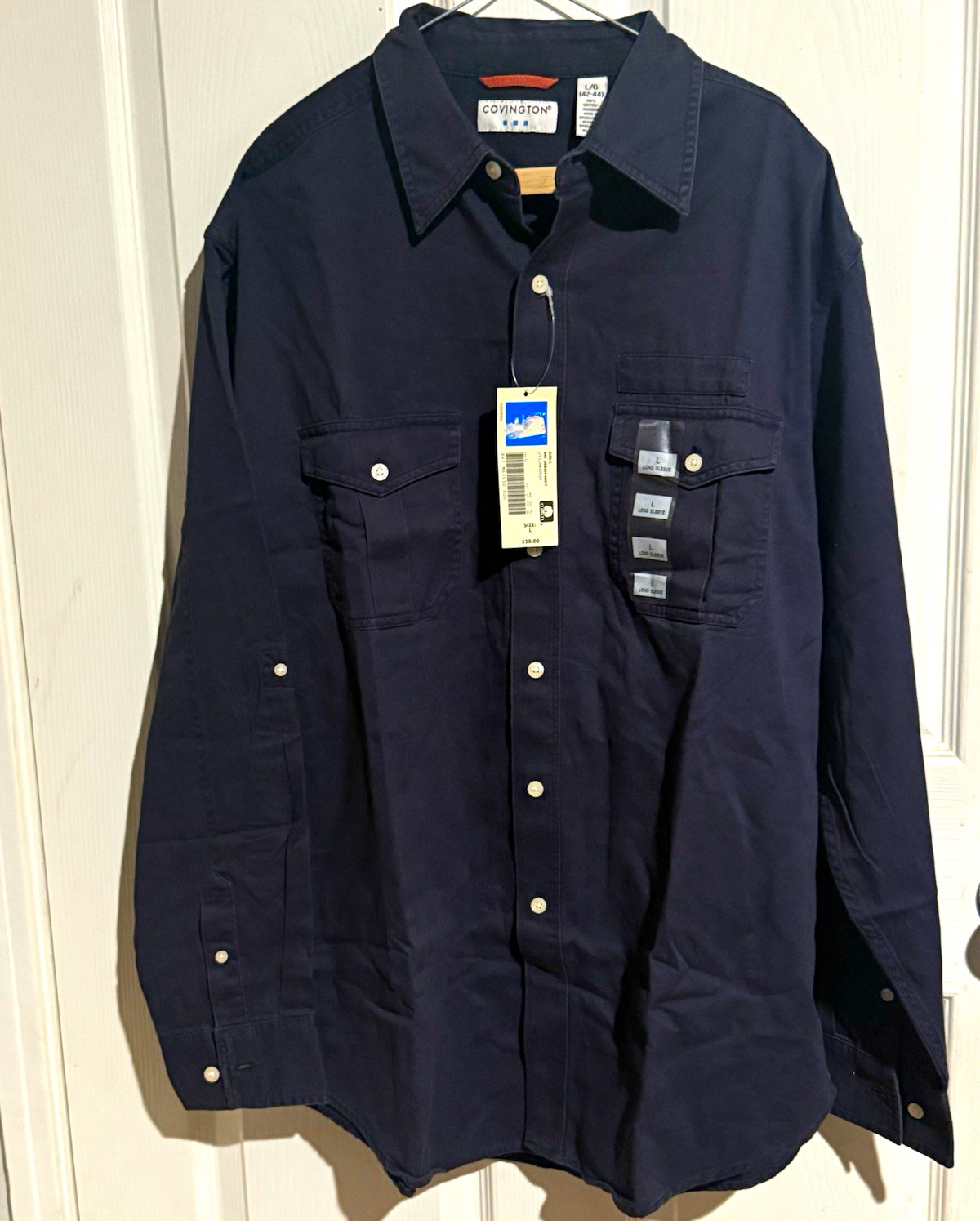 Covington Men’s L 42-44 Navy Solid Cotton Classic Dress Shirt 32/33 Pocket