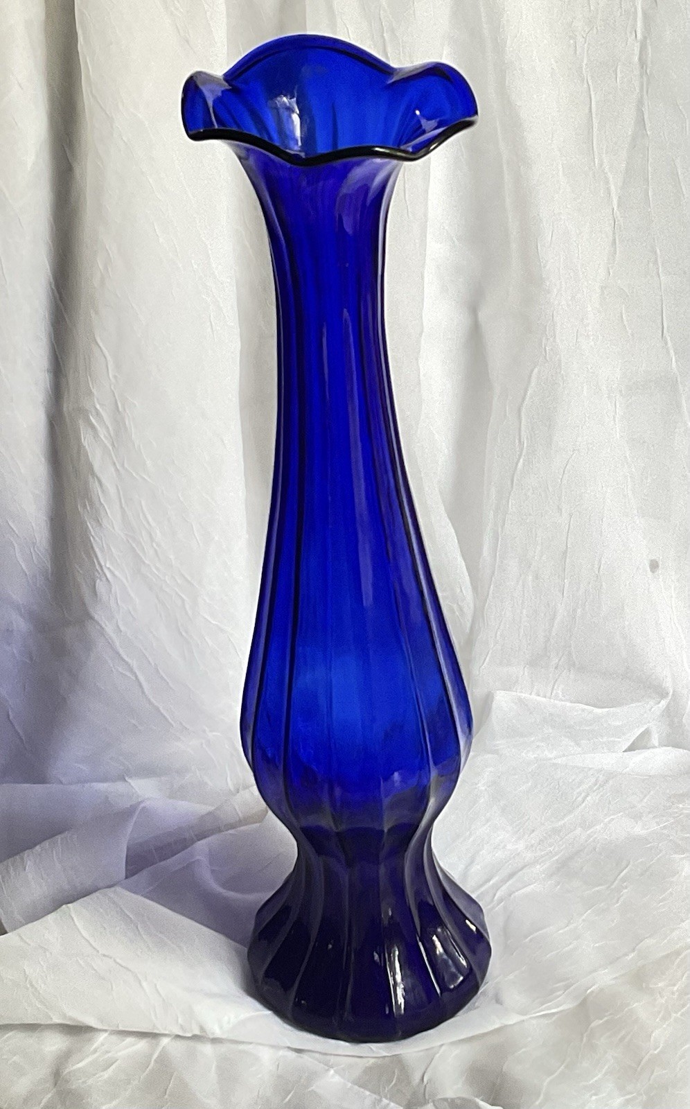 Vintage Cobalt Blue Paneled Art Glass Handkerchief Vase 19” MCM