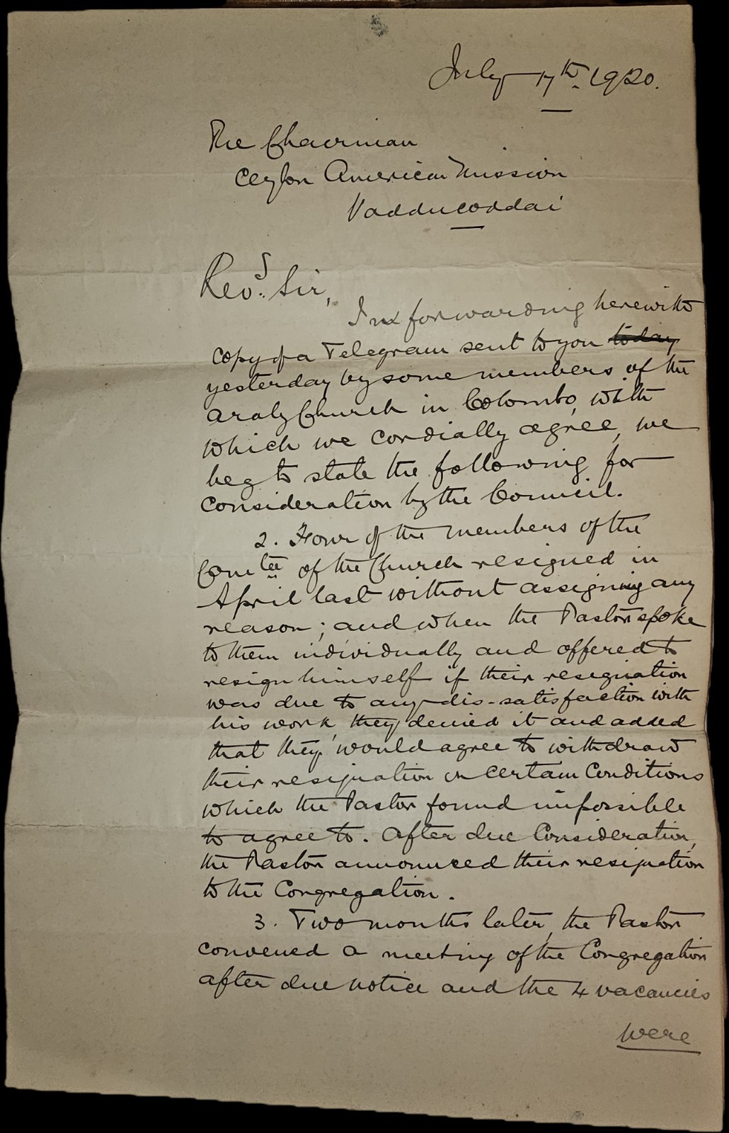 1920 Ceylon Mission Letter Araly Church Conflict | Sri Lanka Colonial Protestant