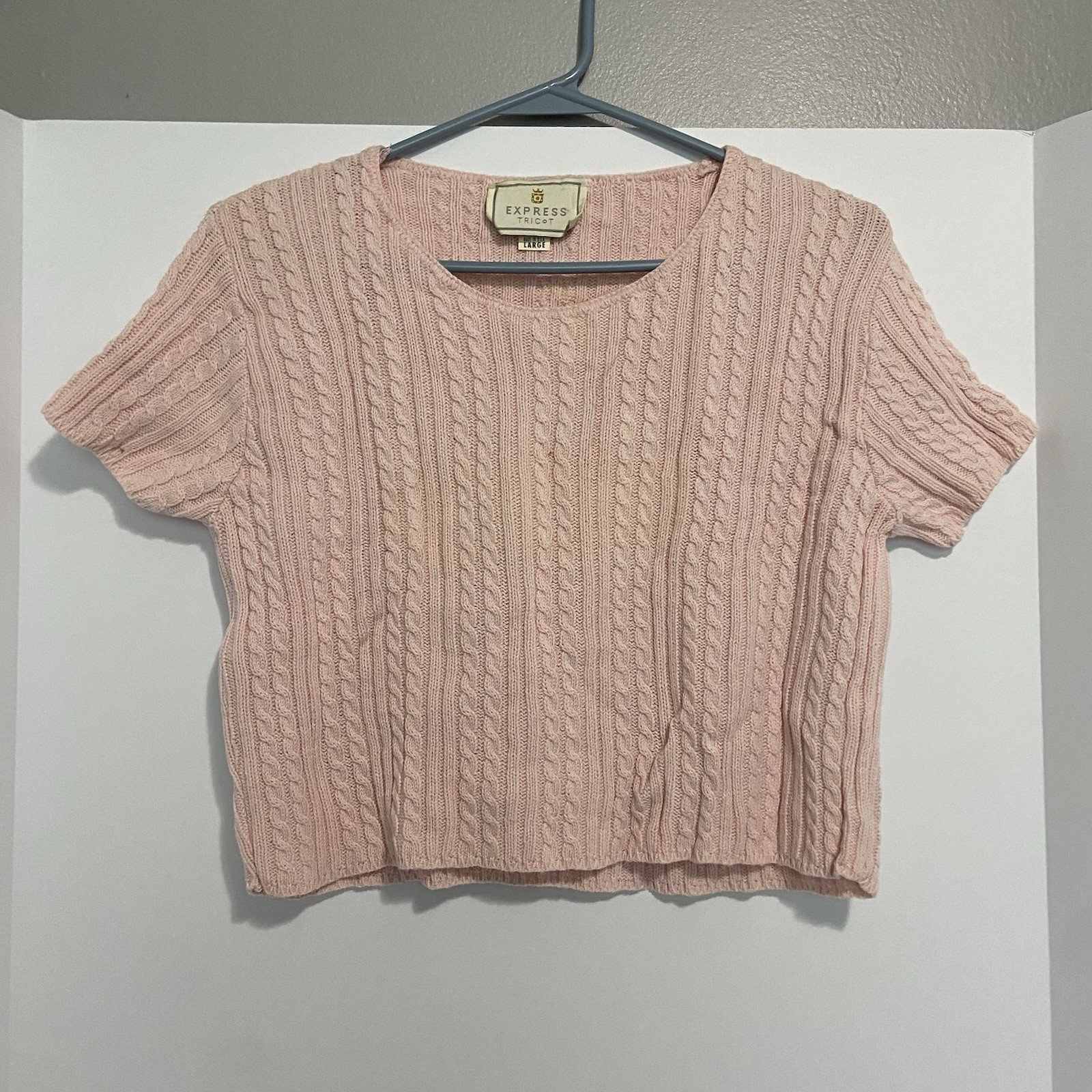 Vintage Express Tricot Pale Pink Cable Knit Short Sleeve Pullover Size L”