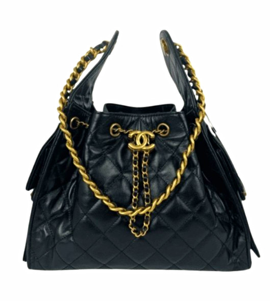 CHANEL 25 Bag. Women’s Black Quilted Drawstring Shoulder Bag Gold Chain Hardware