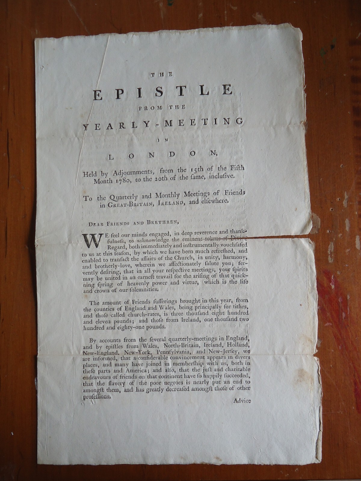 Antique RARE Quaker Epistle / Yearly Meeting London 1780 / Complete