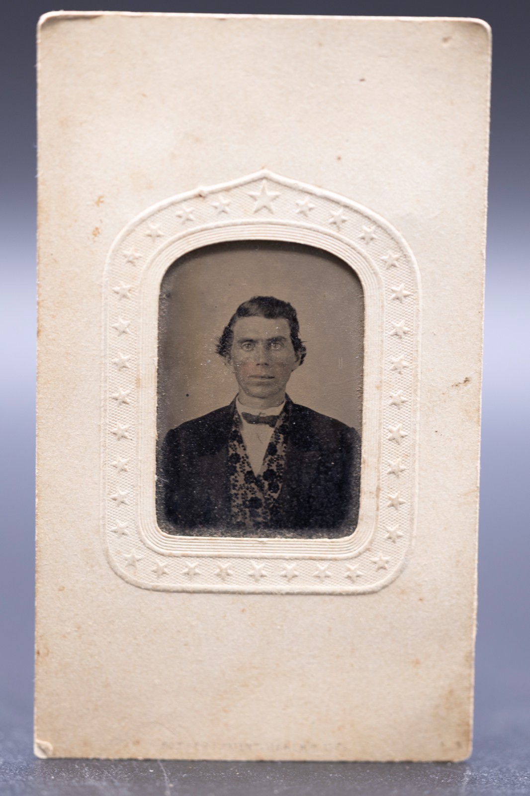 Antique Gem Tintype Man Patterned Vest Potter Patent 1865 3 Cent Revenue Stamp C