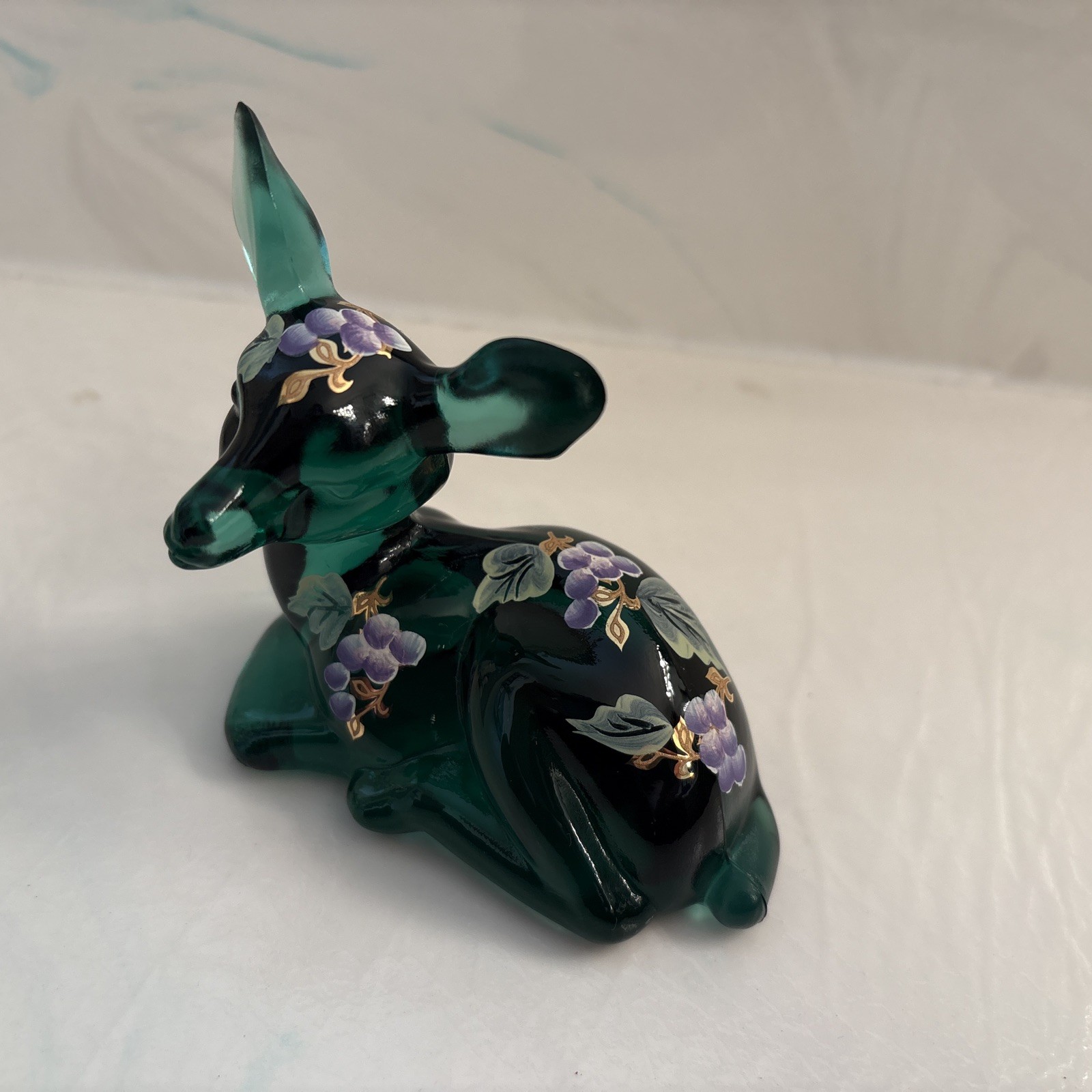 Vintage Fenton Hand-painted Spruce Green Glass Deer Figurine Floral Signed