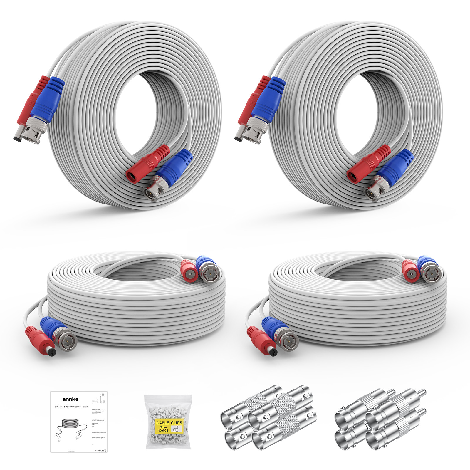 ANNKE 4PCS 100FT 30m Video Power BNC Cable for CCTV Security Camera System White