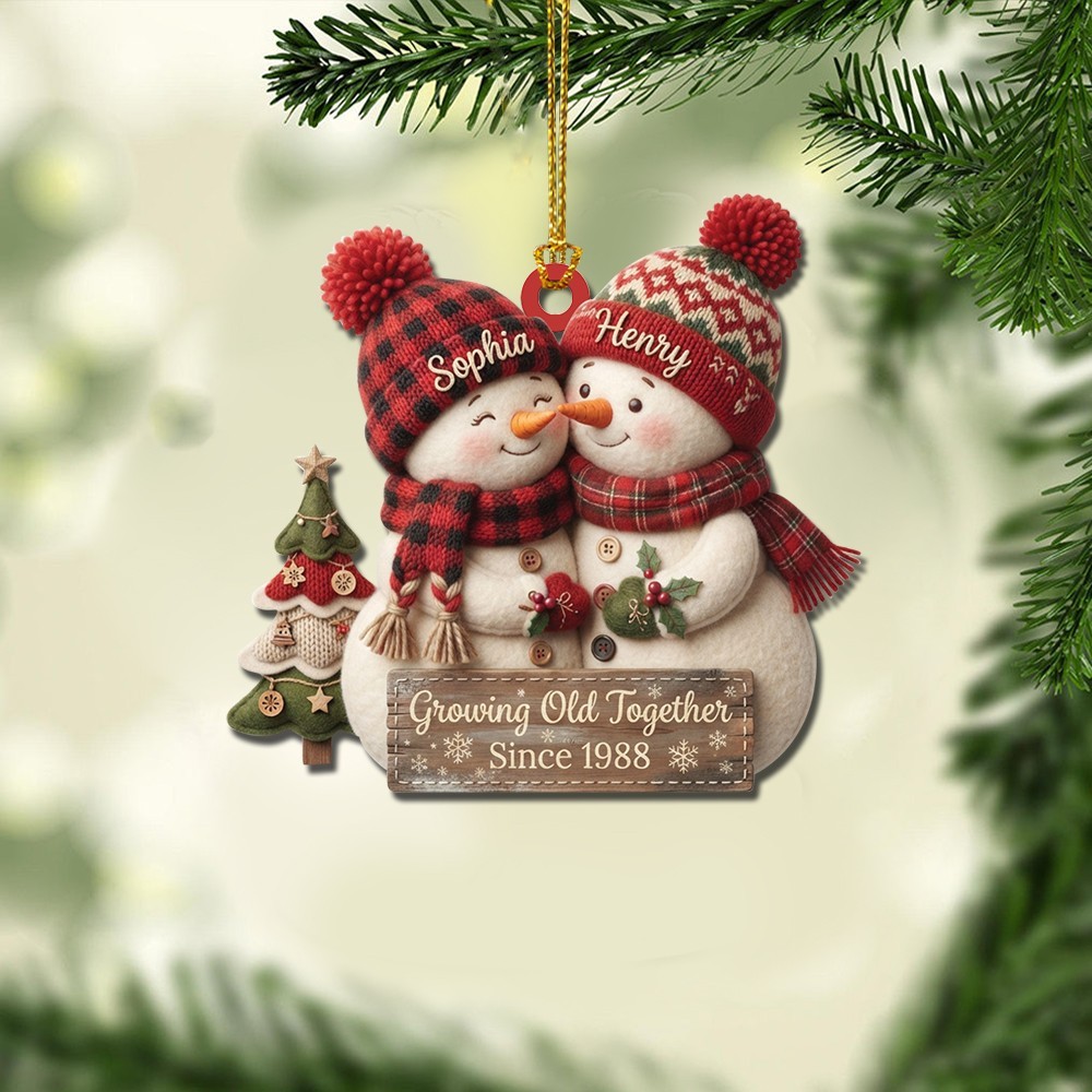 Personalized Growing Old Together Snowman Couple 2D Flat Acrylic Christmas Ornam