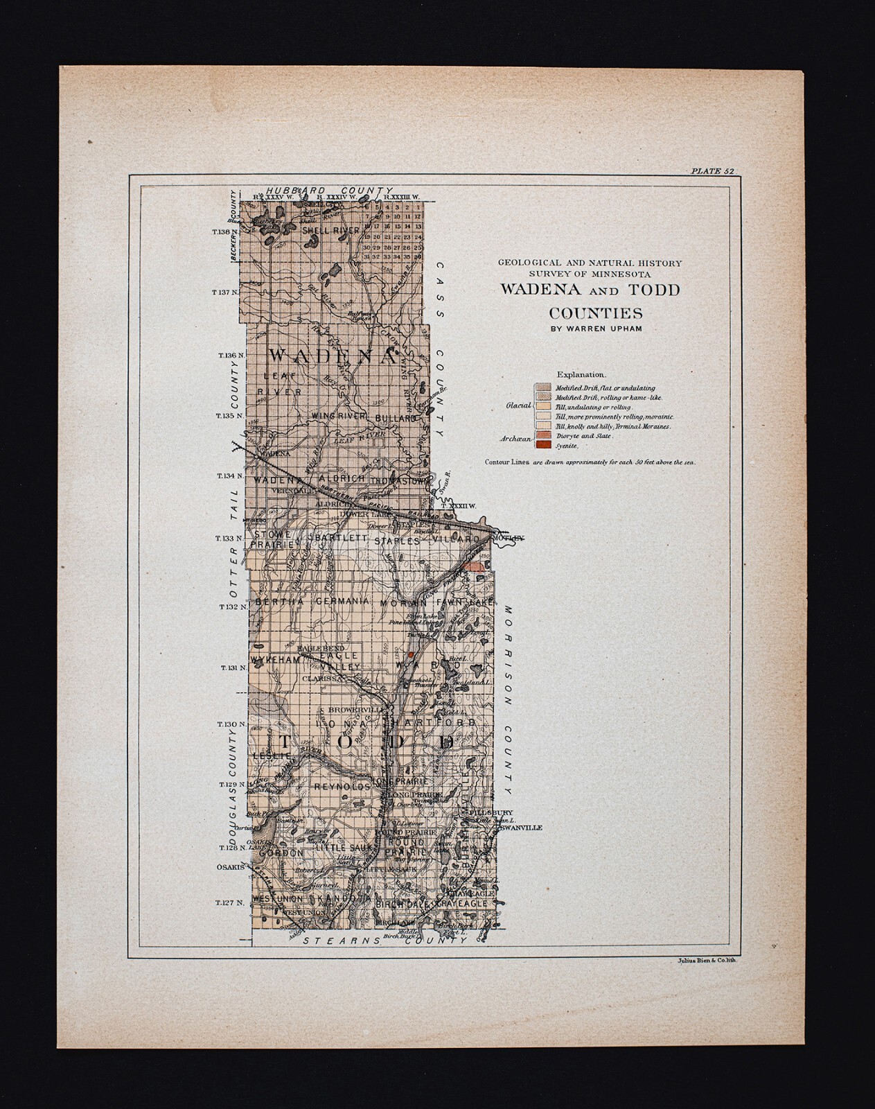 1901 Minnesota Geological Map Wadena Todd County Sebeka Menahga Staples Hewitt