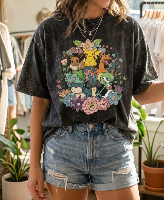 Vintage Wash Pokemon Shirt, Anime Graphic Tee, Oversized Mineral Wash T-Shirt