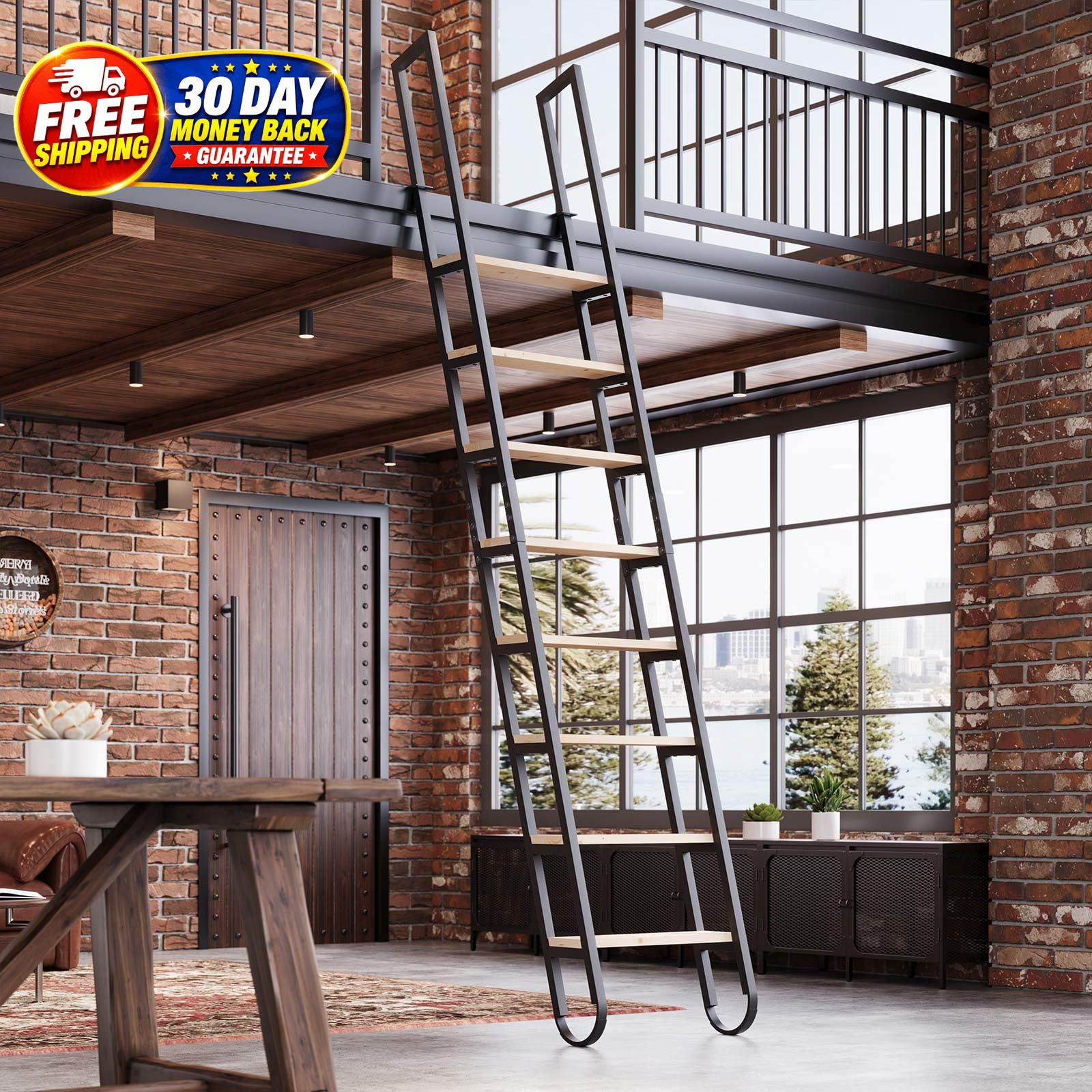 10.35FT Industrial Style Loft Ladder, 8 Steps with Black Steel Handrails & Solid