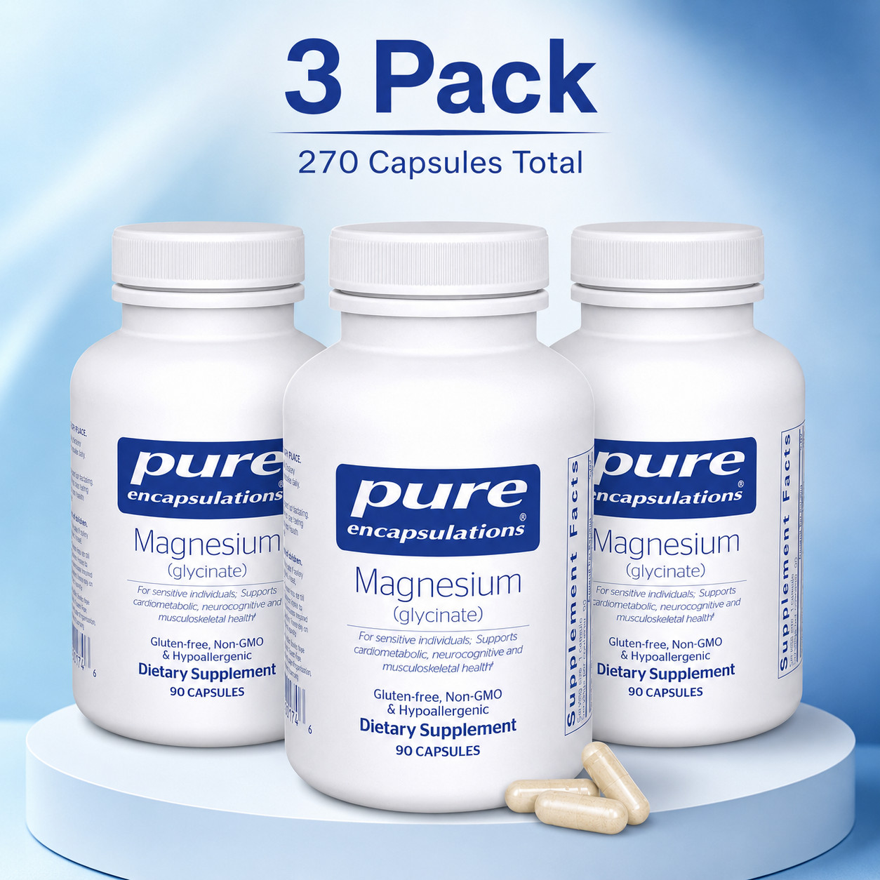 3 Pack Pure Encapsulations Magnesium Glycinate Supplement 90 Caps Each