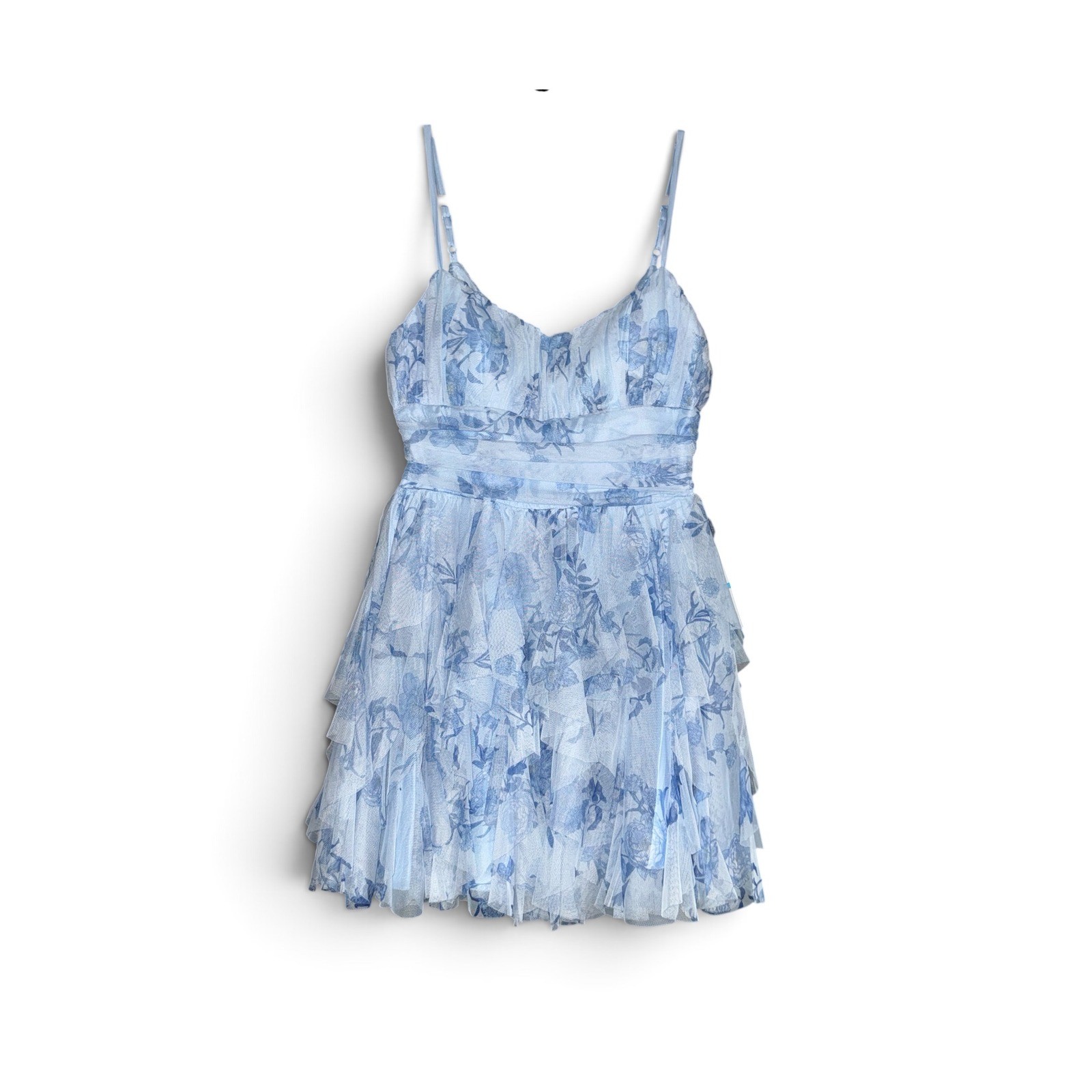 B. Darlin Blue Floral Tiered Ruffle Mesh Mini Dress NWT Size 5/6 Z42AM74