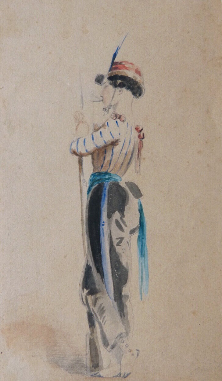 Drawing by Alfred-André GENIOLE (1813 - 1861) military soldier Zouave Nancy