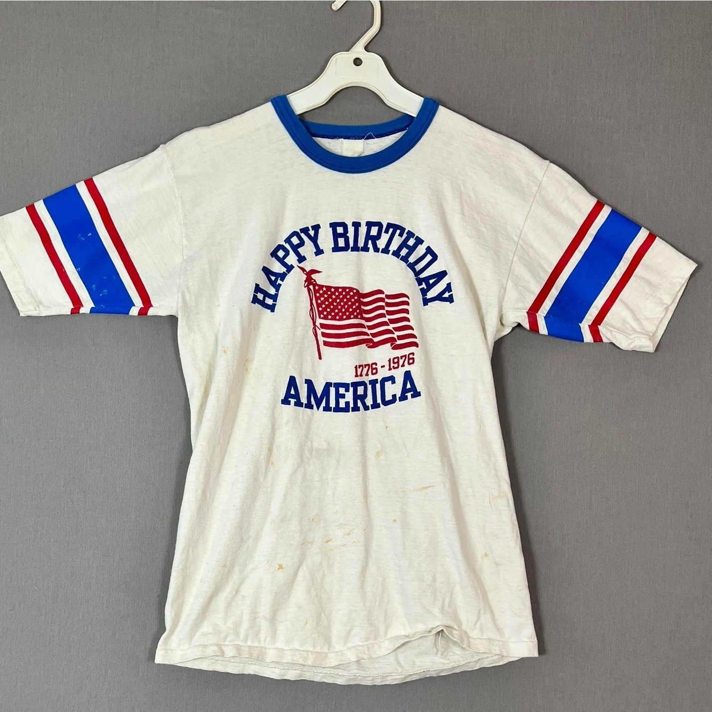 Vintage 1976 Bicentennial Ringer Tee • Happy Birthday America Thrashed Patriotic
