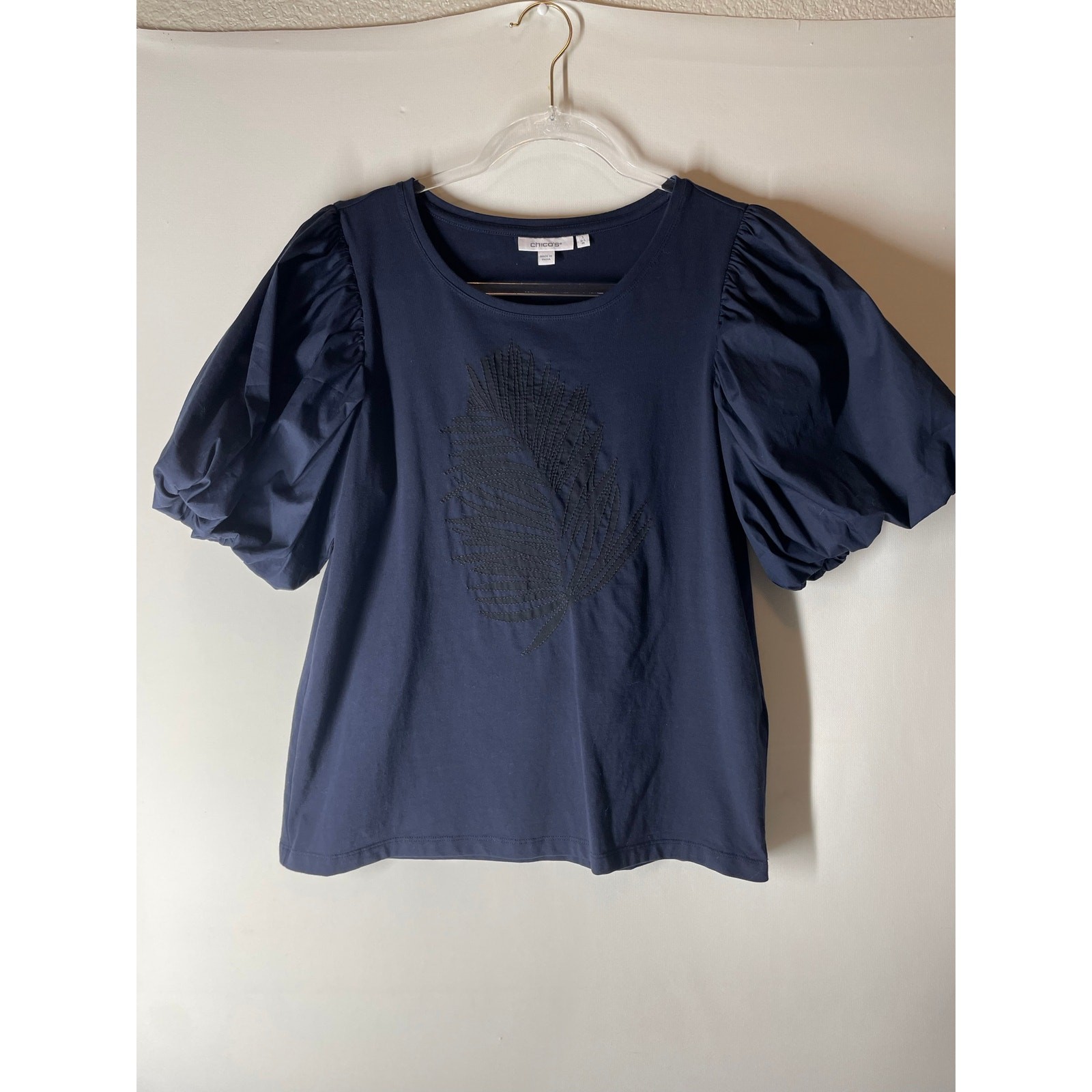 Chico\'s Navy Blue Puff Sleeve Palm Embellished Short Sleeve Blouse Top 1 Medium