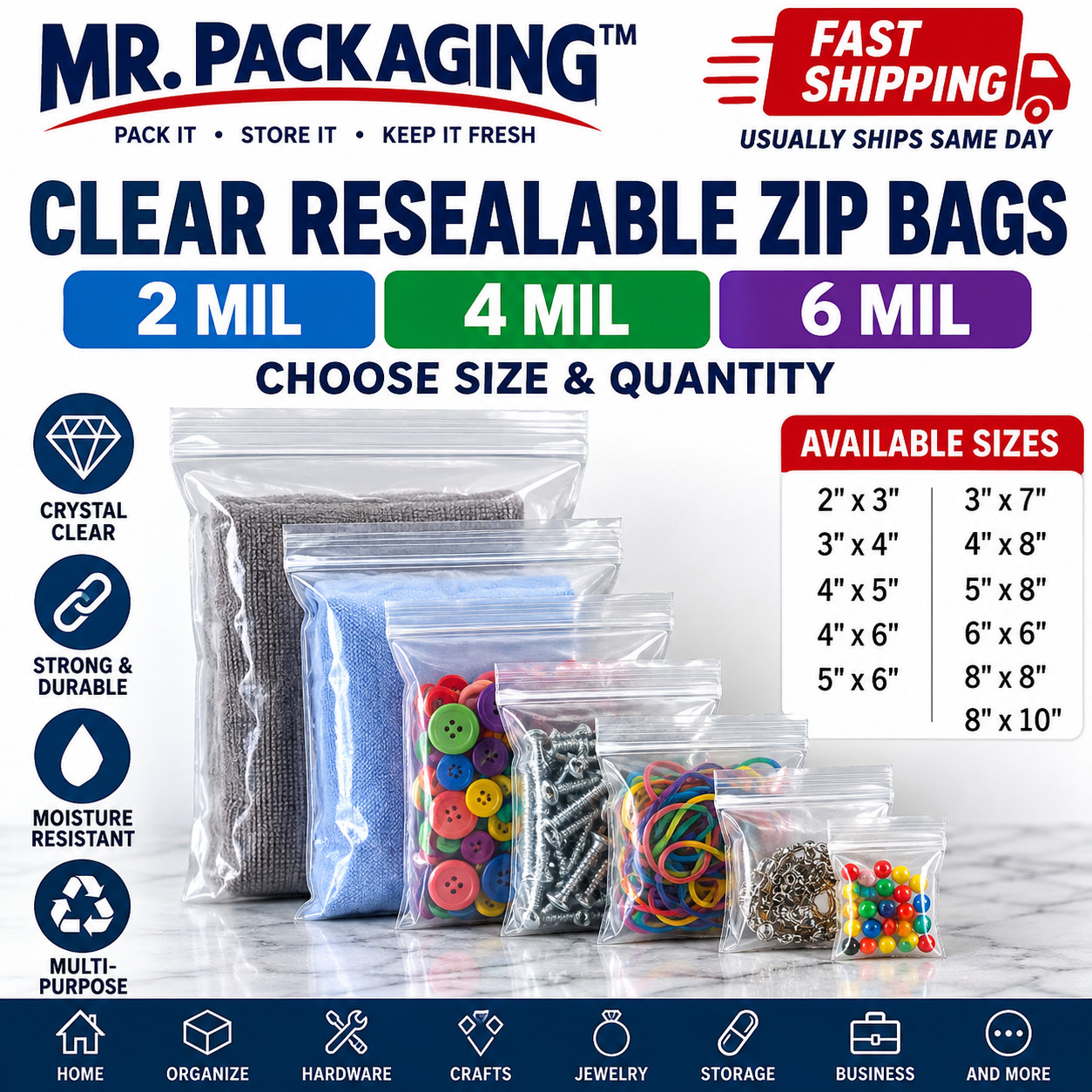 MR. PACKAGING Clear Resealable Zip Bags 2 4 6 Mil Choose Size & Quantity
