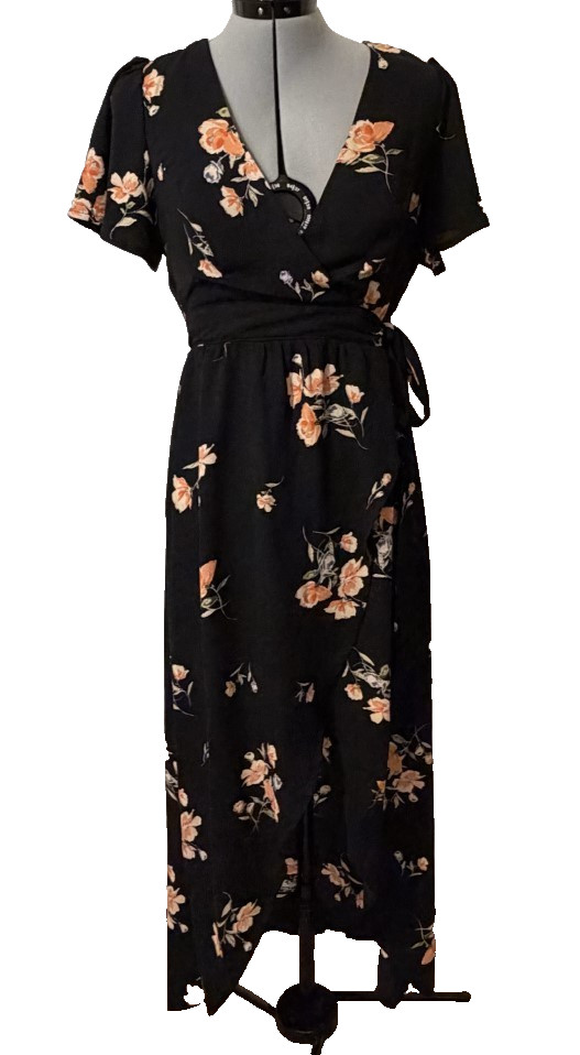 Lulus Treasured Love Black Floral Print Faux-Wrap High Low Dress Small Romantic