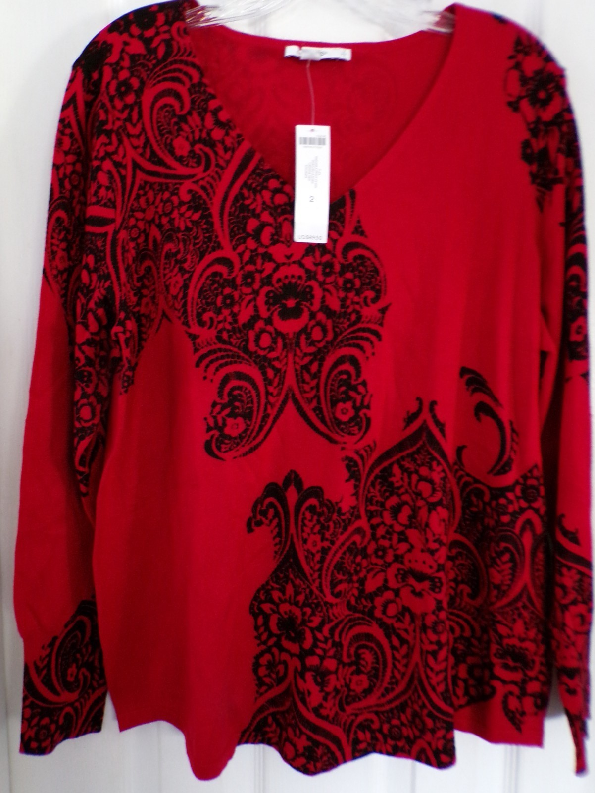 NWT NEW FALL CHICO\'S SZ 2 / LARGE 12-14 ELLA PULLOVER SWEATER RED / BLACK 89.50