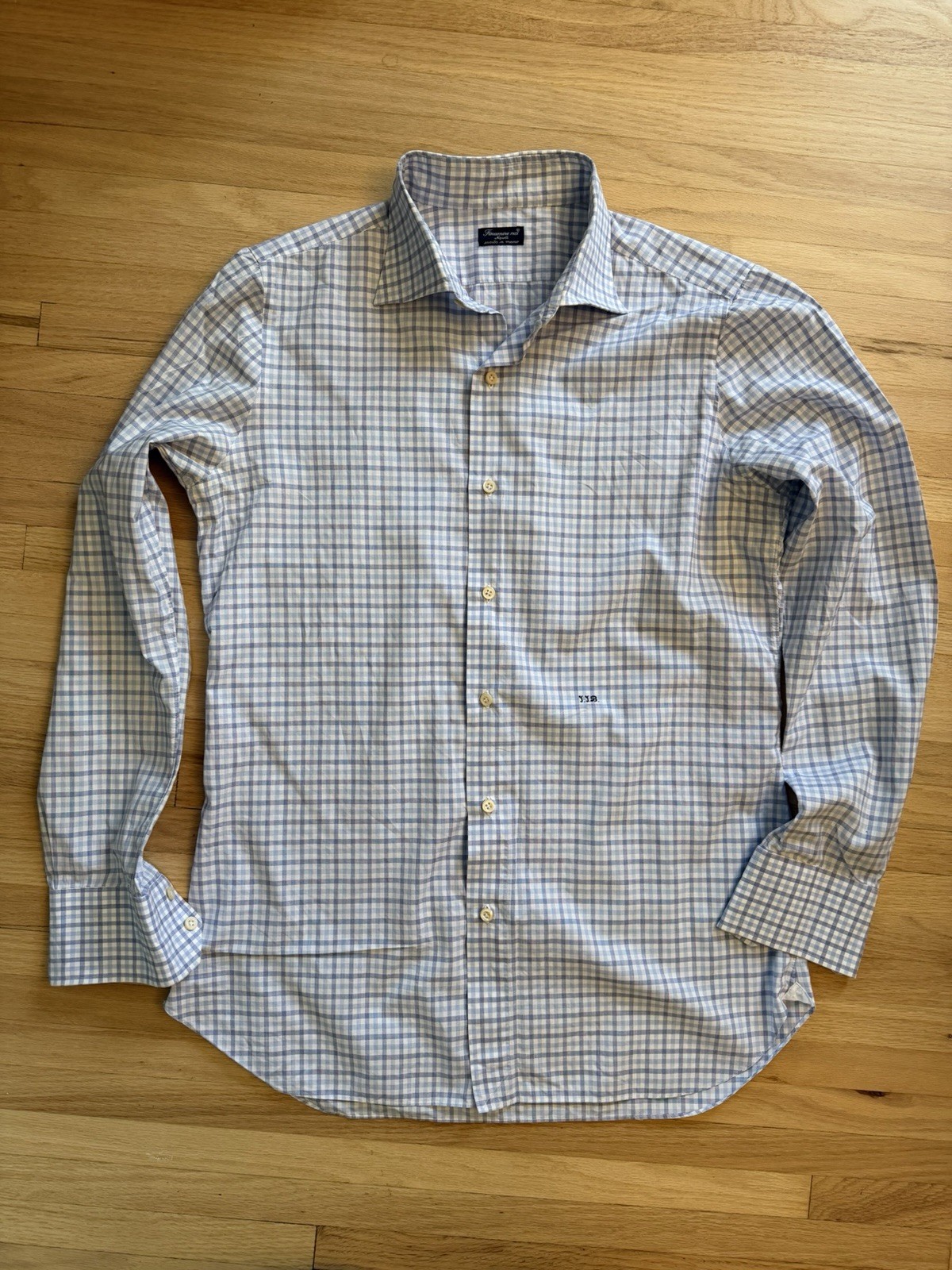 Finamore Napoli Handmade Blue Check Dress Shirt - 16/41 - Made In Italy Finamore Napoli Handmade Blue Check Dress Shirt - 16/41 - Made In Italy